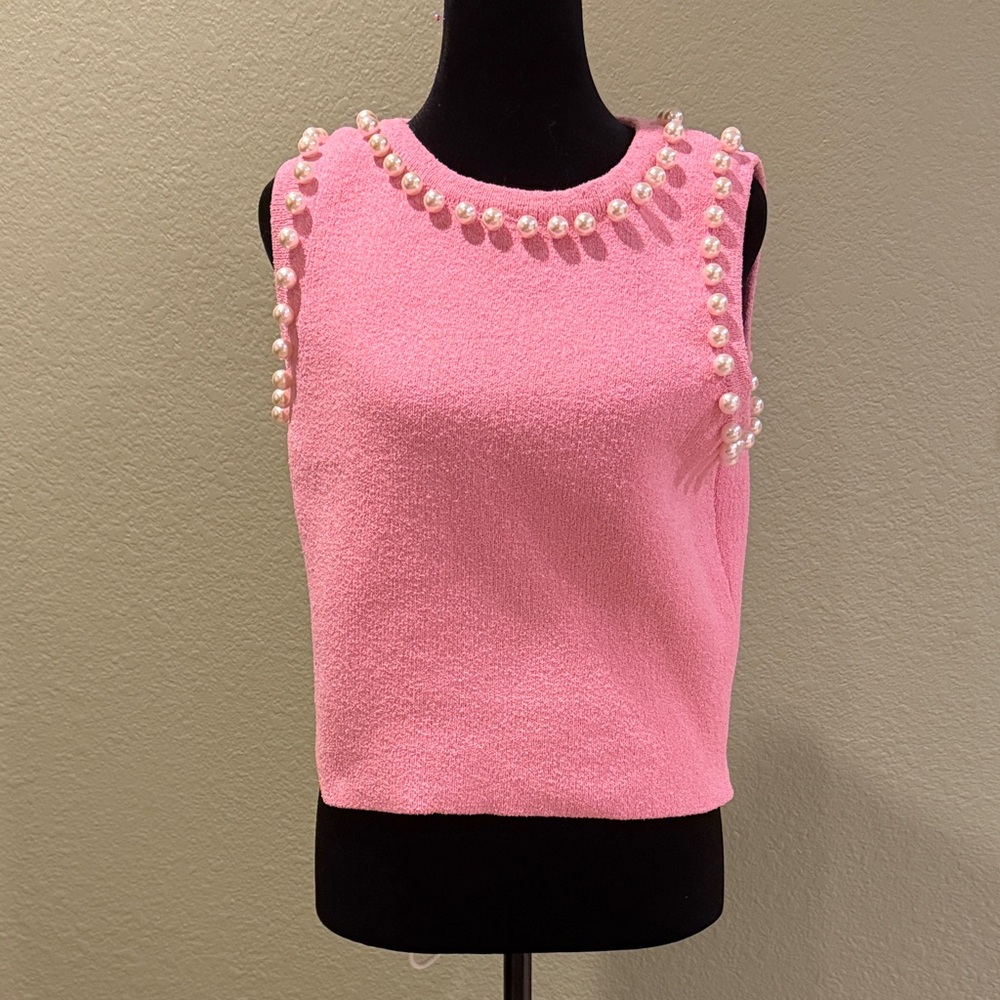 Pink Sleeveless sweater with Pearl Accents